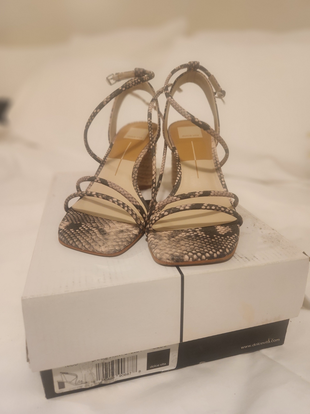 Dolce Vita Beige and Brown Snake-Print Strappy Block Heel Sandals